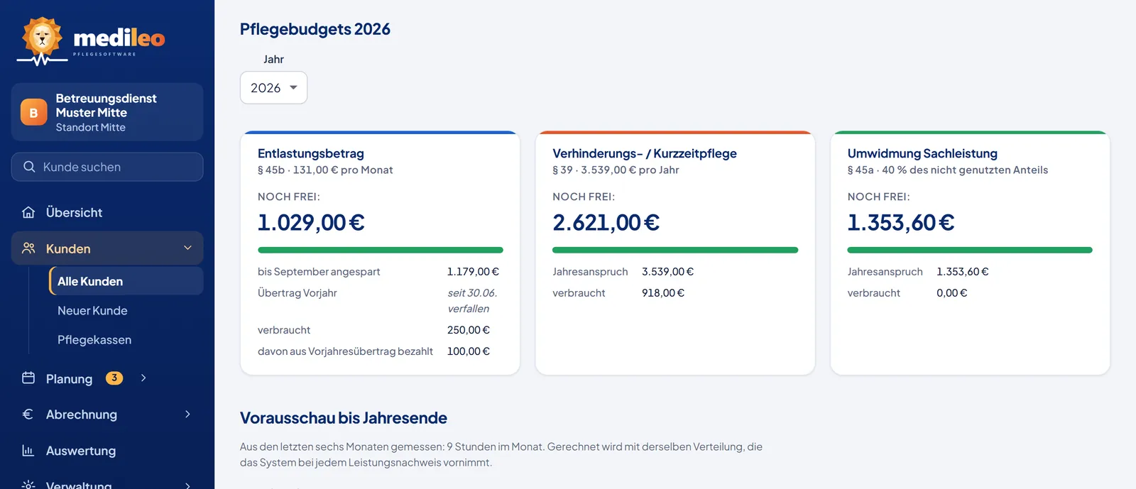 Kundenakte Erika Muster: Pflegebudgets 2026 mit Entlastungsbetrag, Verhinderungspflege und Umwidmung, jeweils noch frei und verbraucht (Beispieldaten)