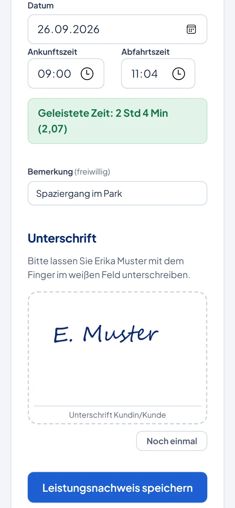 Mitarbeiter-Portal: Einsatz bei Erika Muster erfassen, 09:00 bis 11:04 Uhr, Unterschrift im Feld (Beispieldaten)