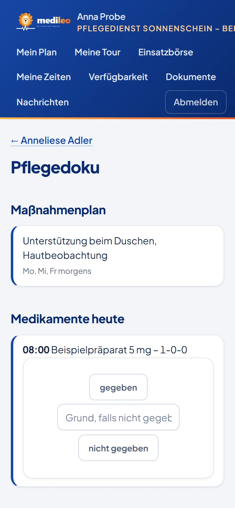 Pflege-App: Pflegedoku mit Maßnahmenplan und Medikamenten von heute (Beispieldaten)