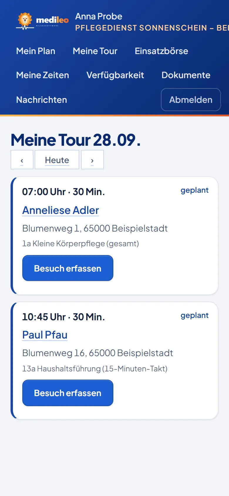 Pflege-App auf dem Handy: Meine Tour mit Anneliese Adler um 07:00 Uhr (Beispieldaten)