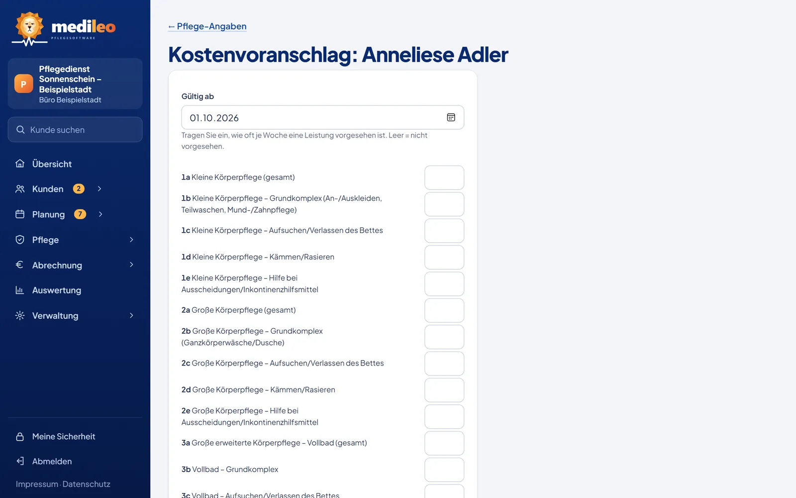 Kostenvoranschlag für Anneliese Adler: Leistungskomplexe mit Anzahl je Woche (Beispieldaten)