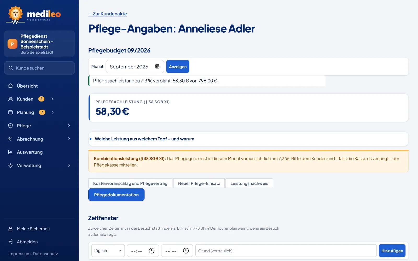 Pflege-Angaben Anneliese Adler: Pflegebudget September 2026, Sachleistung zu 7,3 % verplant, Hinweis zur Kombinationsleistung (Beispieldaten)