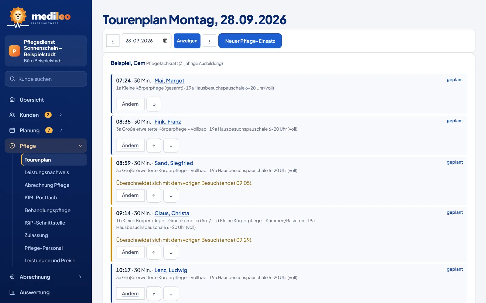 Tourenplan Montag, 28.09.2026 mit Besuchen, Zeiten und Leistungskomplexen (Beispieldaten)